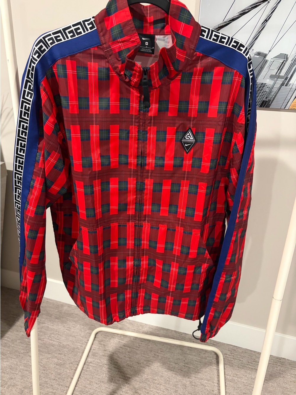 Nike Men's Red Plaid Windbreaker with Blue Trim
